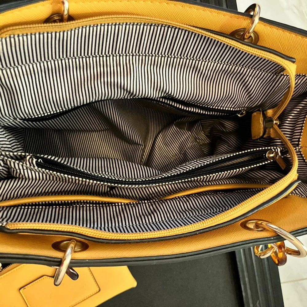 Vibrant Yellow Geometric Tote Bag with Silver Hardware - Picture 3 of 5